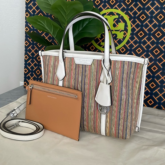 New✨tory burch perry raffia stripe triple compartment small tote - Picture 4 of 15